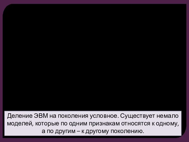 Деление ЭВМ на поколения условное. Существует немало моделей, которые по одним признакам