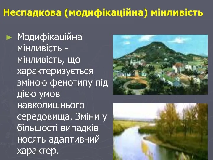 Неспадкова (модифікаційна) мінливість Модифікаційна мінливість - мінливість, що характеризується зміною фенотипу під