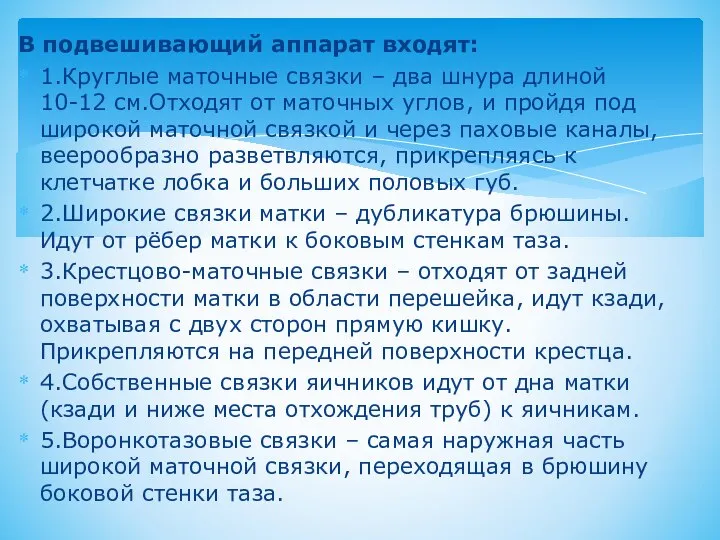 В подвешивающий аппарат входят: 1.Круглые маточные связки – два шнура длиной 10-12