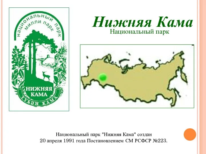 Национальный парк Национальный парк "Нижняя Кама" создан 20 апреля 1991 года Постановлением