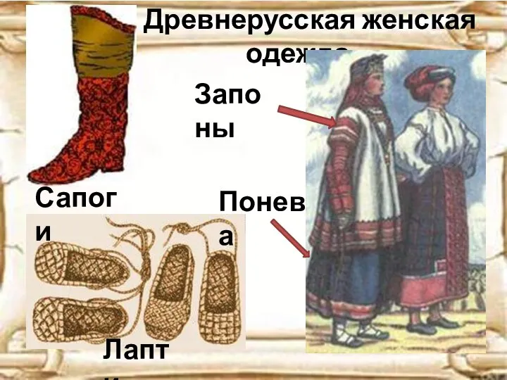Древнерусская женская одежда Сапоги Лапти Запоны Понева