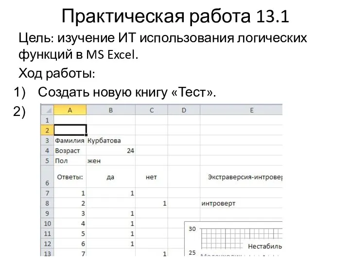 Практическая работа 13.1 Цель: изучение ИТ использования логических функций в MS Excel.