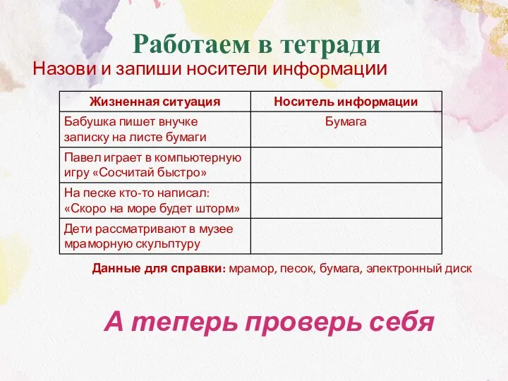 Назови и запиши носители информации Работаем в тетради Данные для справки: мрамор,