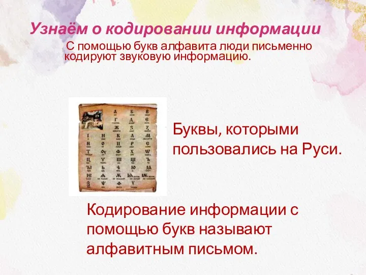 С помощью букв алфавита люди письменно кодируют звуковую информацию. Узнаём о кодировании