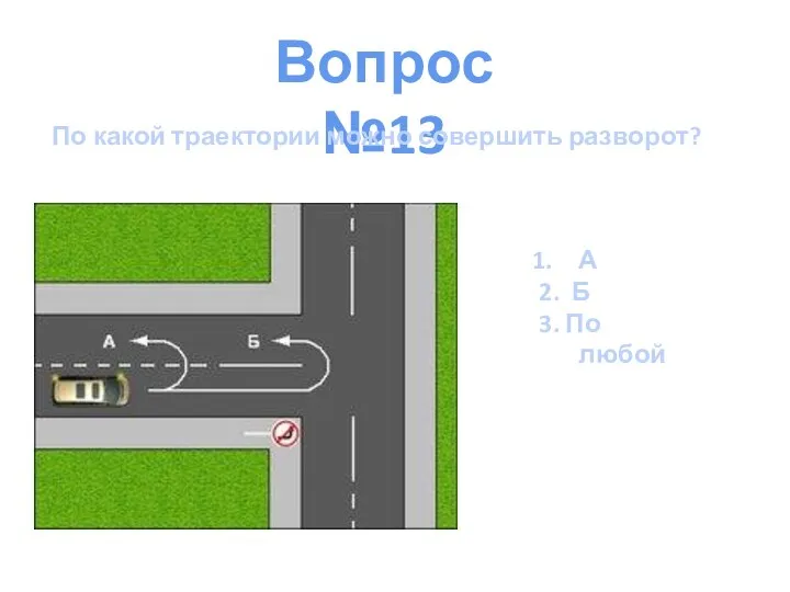 Вопрос №13 По какой траектории можно совершить разворот? А 2. Б 3. По любой