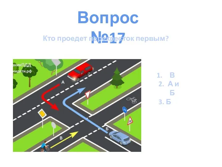 Вопрос №17 Кто проедет перекресток первым? В 2. А и Б 3. Б