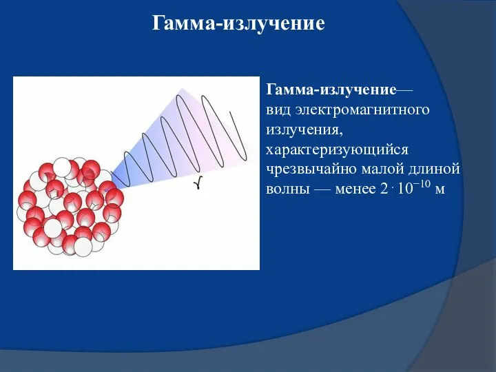 Гамма-излучение Гамма-излучение— вид электромагнитного излучения, характеризующийся чрезвычайно малой длиной волны — менее 2⋅10−10 м