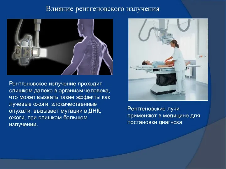 Влияние рентгеновского излучения Рентгеновское излучение проходит слишком далеко в организм человека, что