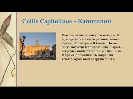 Collis Capitolinus – Капитолий Высота Капитолийского холма – 50 м, в древности