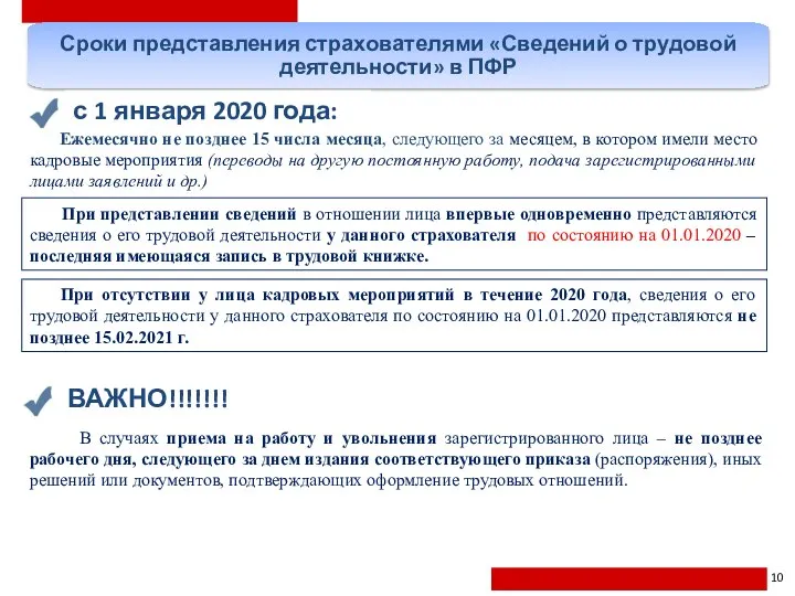 10 Сроки представления страхователями «Сведений о трудовой деятельности» в ПФР Ежемесячно не