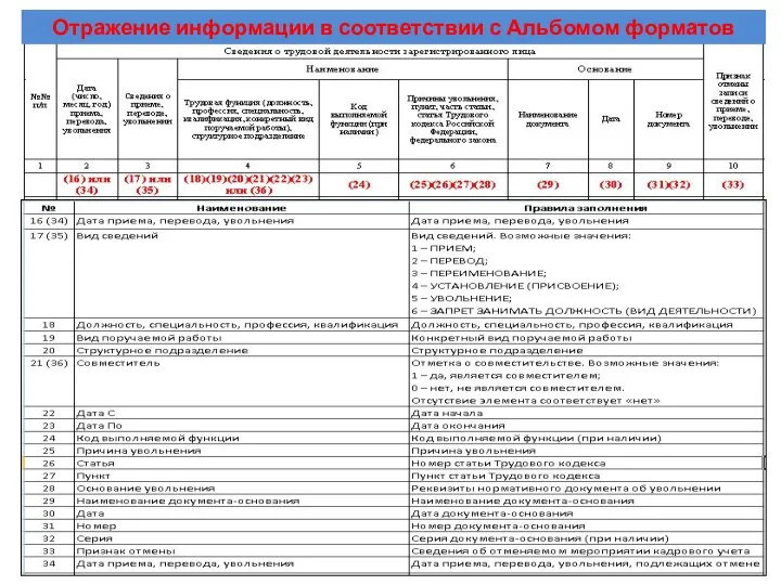 Отражение информации в соответствии с Альбомом форматов