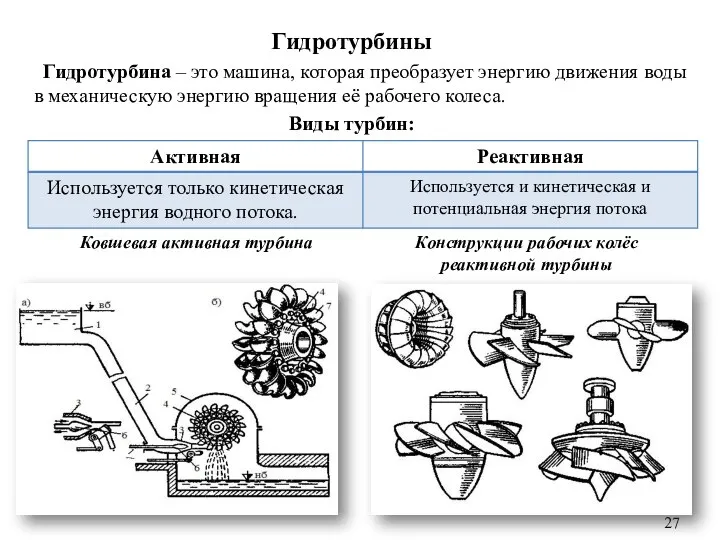 Гидротурбины Гидротурбина – это машина, которая преобразует энергию движения воды в механическую