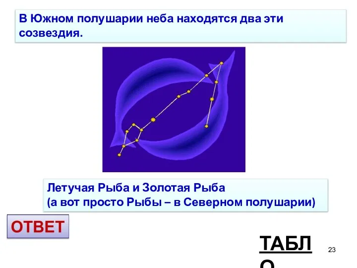 ТАБЛО В Южном полушарии неба находятся два эти созвездия. Летучая Рыба и