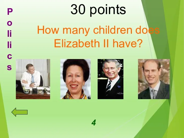 30 points How many children does Elizabeth II have? 4 Polilics