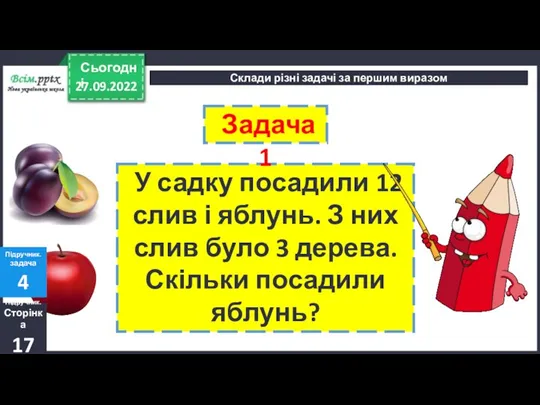 27.09.2022 Сьогодні Склади різні задачі за першим виразом Підручник. Сторінка 17 Підручник.