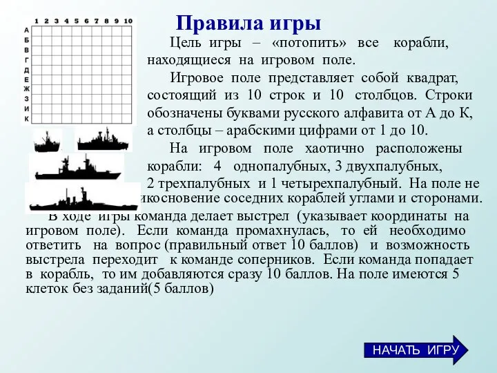 Правила игры Цель игры – «потопить» все корабли, находящиеся на игровом поле.