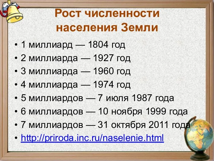 Рост численности населения Земли 1 миллиард — 1804 год 2 миллиарда —