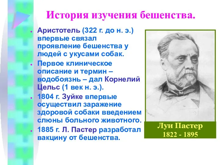 История изучения бешенства. Аристотель (322 г. до н. э.) впервые связал проявление