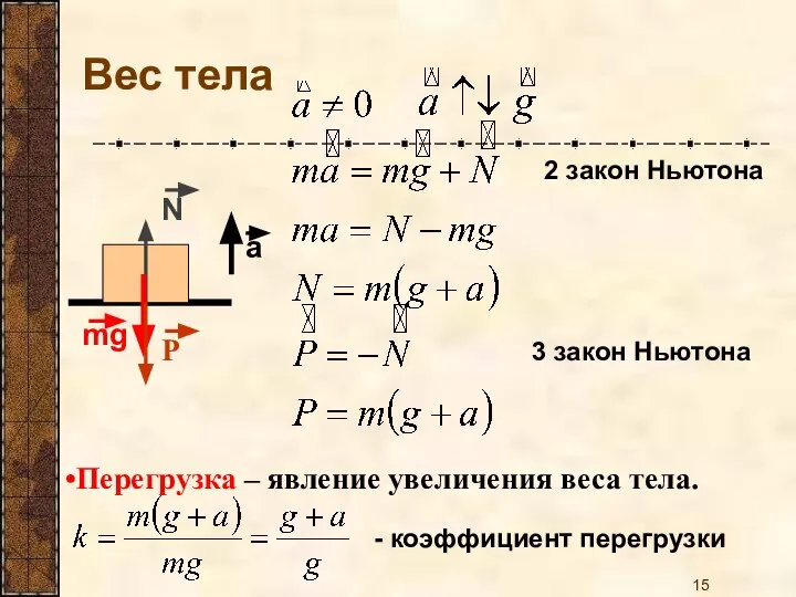 Вес тела Перегрузка – явление увеличения веса тела.