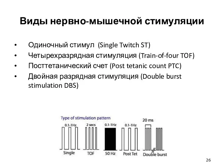 Виды нервно-мышечной стимуляции Одиночный стимул (Single Twitch ST) Четырехразрядная стимуляция (Train-of-four TOF)