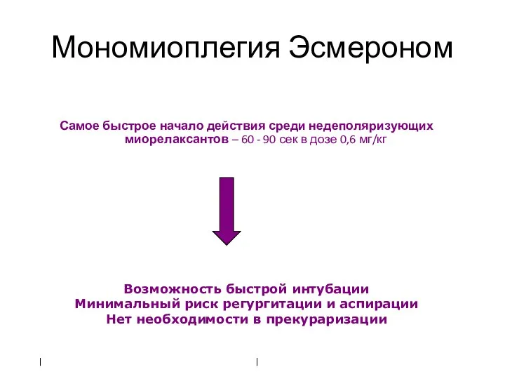 Мономиоплегия Эсмероном Самое быстрое начало действия среди недеполяризующих миорелаксантов – 60 -