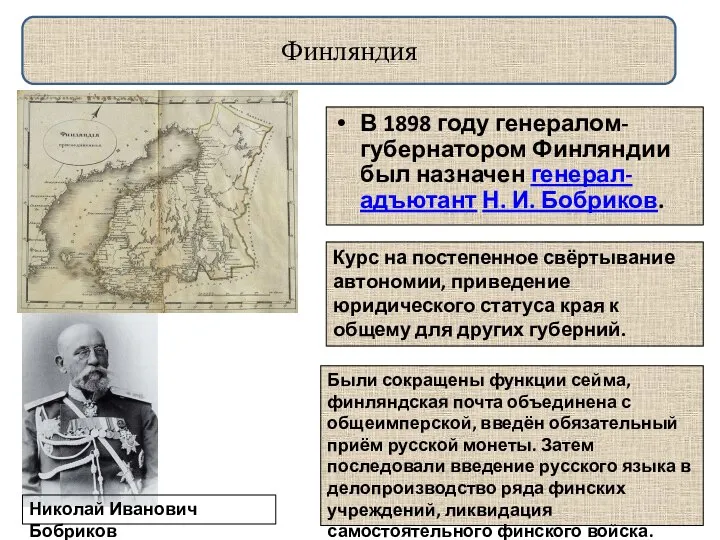 Финляндия В 1898 году генералом-губернатором Финляндии был назначен генерал-адъютант Н. И. Бобриков.