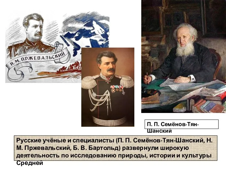 Русские учёные и специалисты (П. П. Семёнов-Тян-Шанский, Н. М. Пржевальский, Б. В.