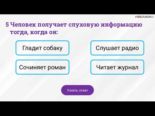 5 Человек получает слуховую информацию тогда, когда он: Гладит собаку Слушает радио