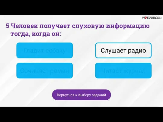 Гладит собаку Слушает радио Сочиняет роман Читает журнал Вернуться к выбору заданий