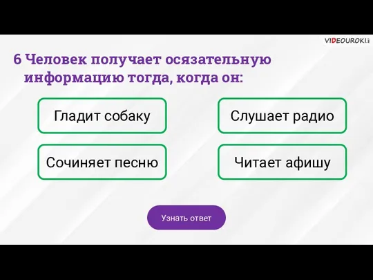 6 Человек получает осязательную информацию тогда, когда он: Гладит собаку Слушает радио