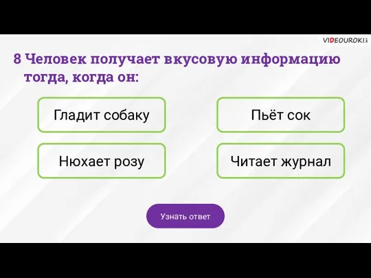 8 Человек получает вкусовую информацию тогда, когда он: Гладит собаку Пьёт сок