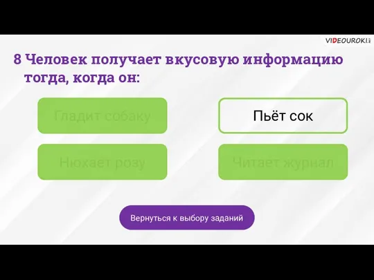 Гладит собаку Пьёт сок Нюхает розу Читает журнал Вернуться к выбору заданий