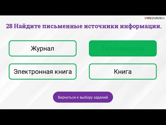 Журнал Телепередача Электронная книга Книга Вернуться к выбору заданий 28 Найдите письменные источники информации.