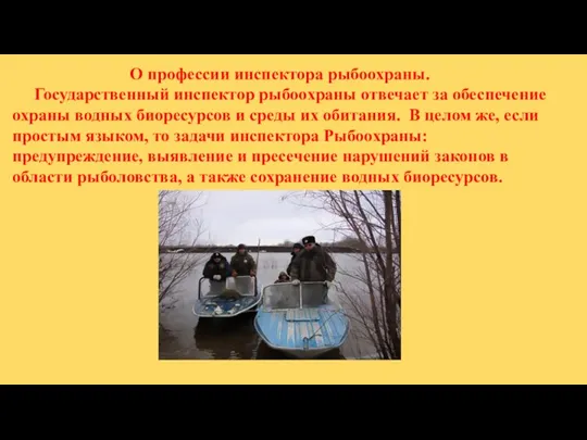 О профессии инспектора рыбоохраны. Государственный инспектор рыбоохраны отвечает за обеспечение охраны водных