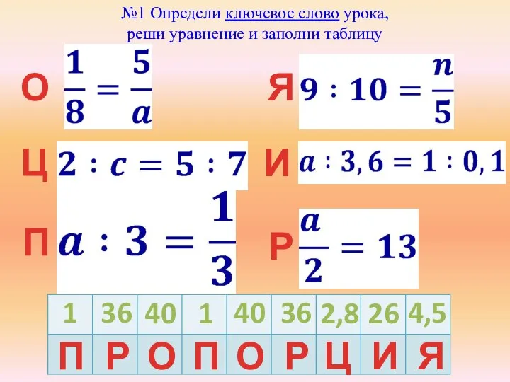 №1 Определи ключевое слово урока, реши уравнение и заполни таблицу О О