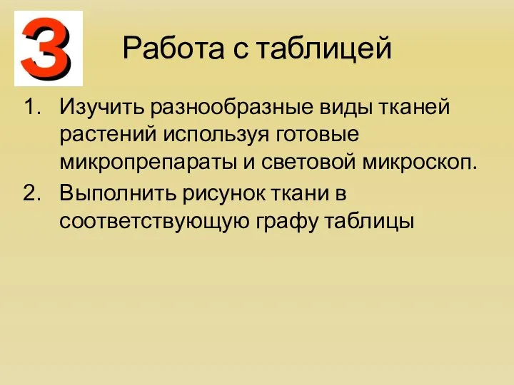 Работа с таблицей Изучить разнообразные виды тканей растений используя готовые микропрепараты и