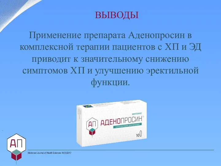 ВЫВОДЫ Применение препарата Аденопросин в комплексной терапии пациентов с ХП и ЭД