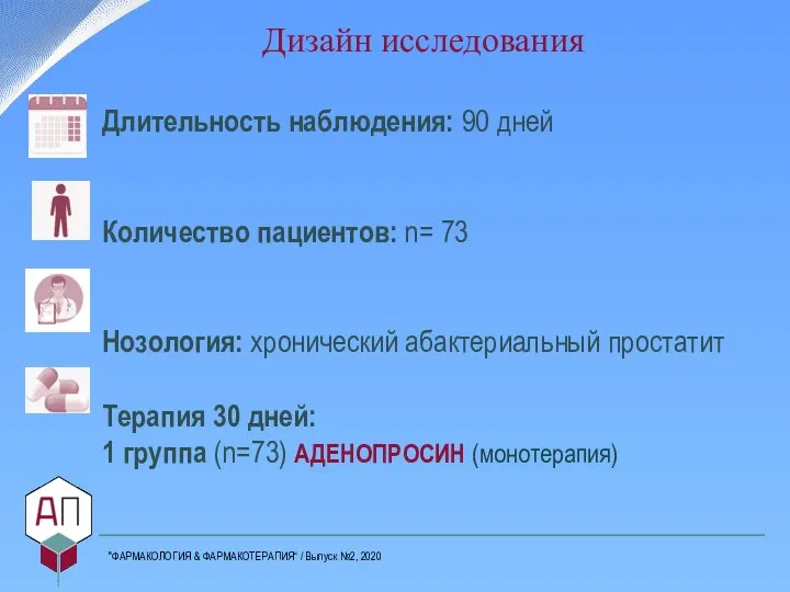 Дизайн исследования Длительность наблюдения: 90 дней Количество пациентов: n= 73 Нозология: хронический