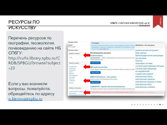 РЕСУРСЫ ПО ИСКУССТВУ Перечень ресурсов по географии, геоэкологии, почвоведению на сайте НБ