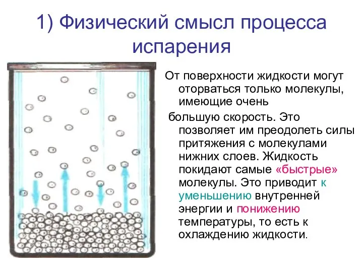 1) Физический смысл процесса испарения От поверхности жидкости могут оторваться только молекулы,