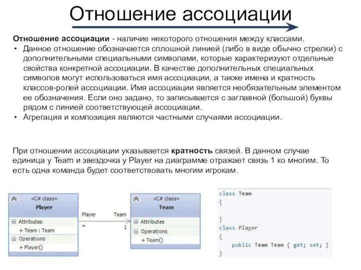 Отношение ассоциации Отношение ассоциации - наличие некоторого отношения между классами. Данное отношение