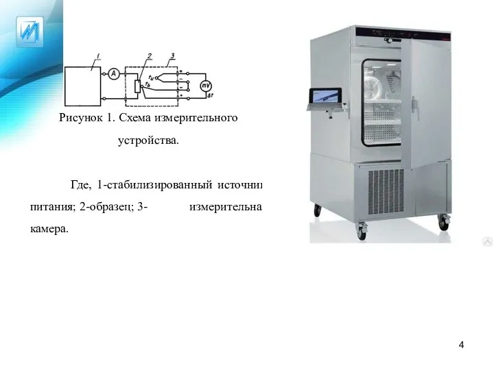 Рисунок 1. Схема измерительного устройства. Где, 1-стабилизированный источник питания; 2-образец; 3- измерительная камера.