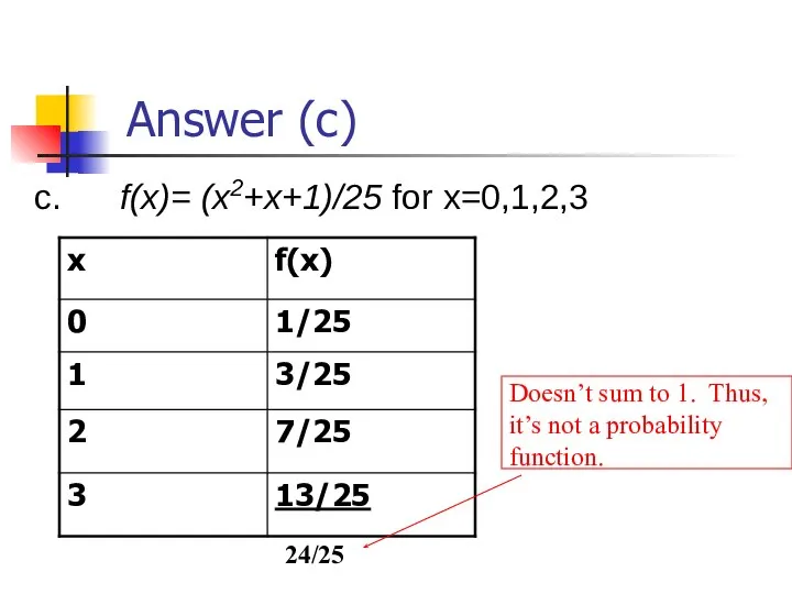 Answer (c) c. f(x)= (x2+x+1)/25 for x=0,1,2,3