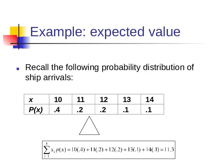 Example: expected value Recall the following probability distribution of ship arrivals: