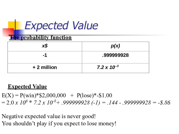 Expected Value The probability function Expected Value E(X) = P(win)*$2,000,000 + P(lose)*-$1.00
