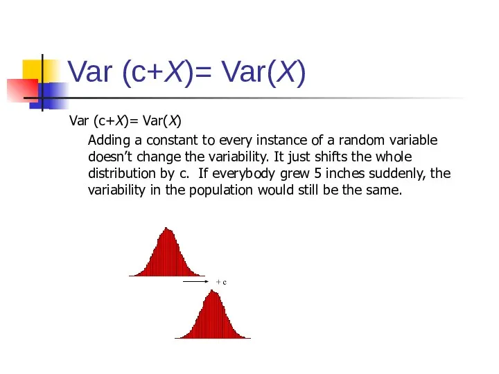 Var (c+X)= Var(X) Var (c+X)= Var(X) Adding a constant to every instance