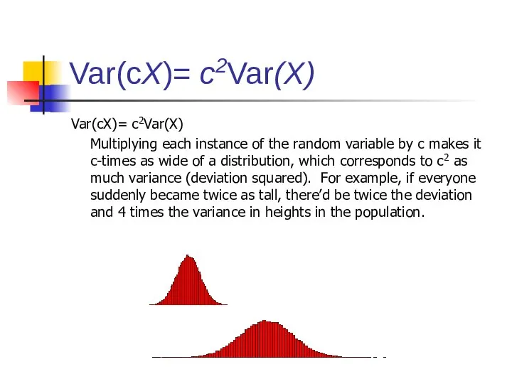 Var(cX)= c2Var(X) Var(cX)= c2Var(X) Multiplying each instance of the random variable by