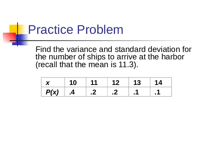 Practice Problem Find the variance and standard deviation for the number of