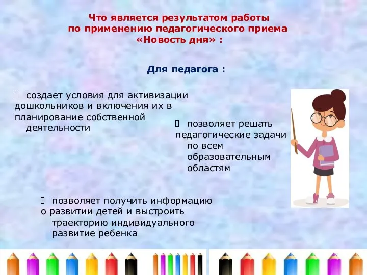 Что является результатом работы по применению педагогического приема «Новость дня» : Для