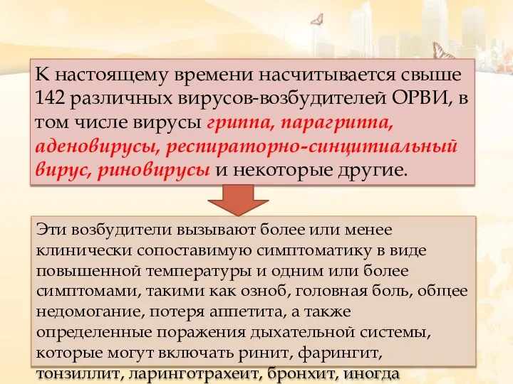 К настоящему времени насчитывается свыше 142 различных вирусов-возбудителей ОРВИ, в том числе